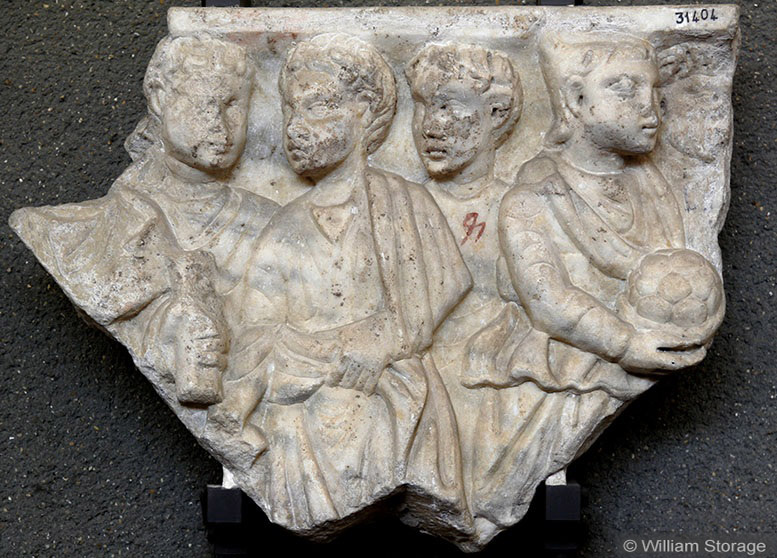 Christian sarcophagus fragment probably showing multiplication of loaves